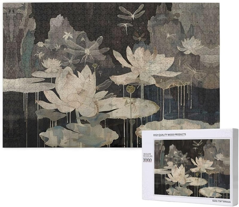 Phayah 1000 قطعة لغز زهرة اللوتس واليعسوب للبالغين ديكور المنزل 29.5 × 19.7 بوصة - Image 1